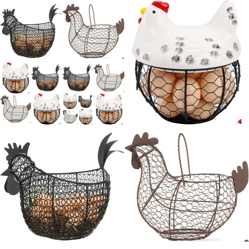 Food Savers & Storage Containers Chicken Egg Basket Black Wire Collection Baskets With Ceramic Lid For Gathering  Eggs Drop Deliv Ot7X8