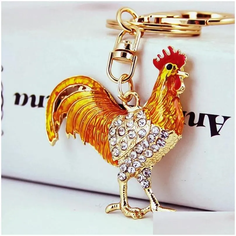 keychains creative enamel cock key chains rhinestone chicken pendants keyrings fashion women men bag accessories car holder decor gift