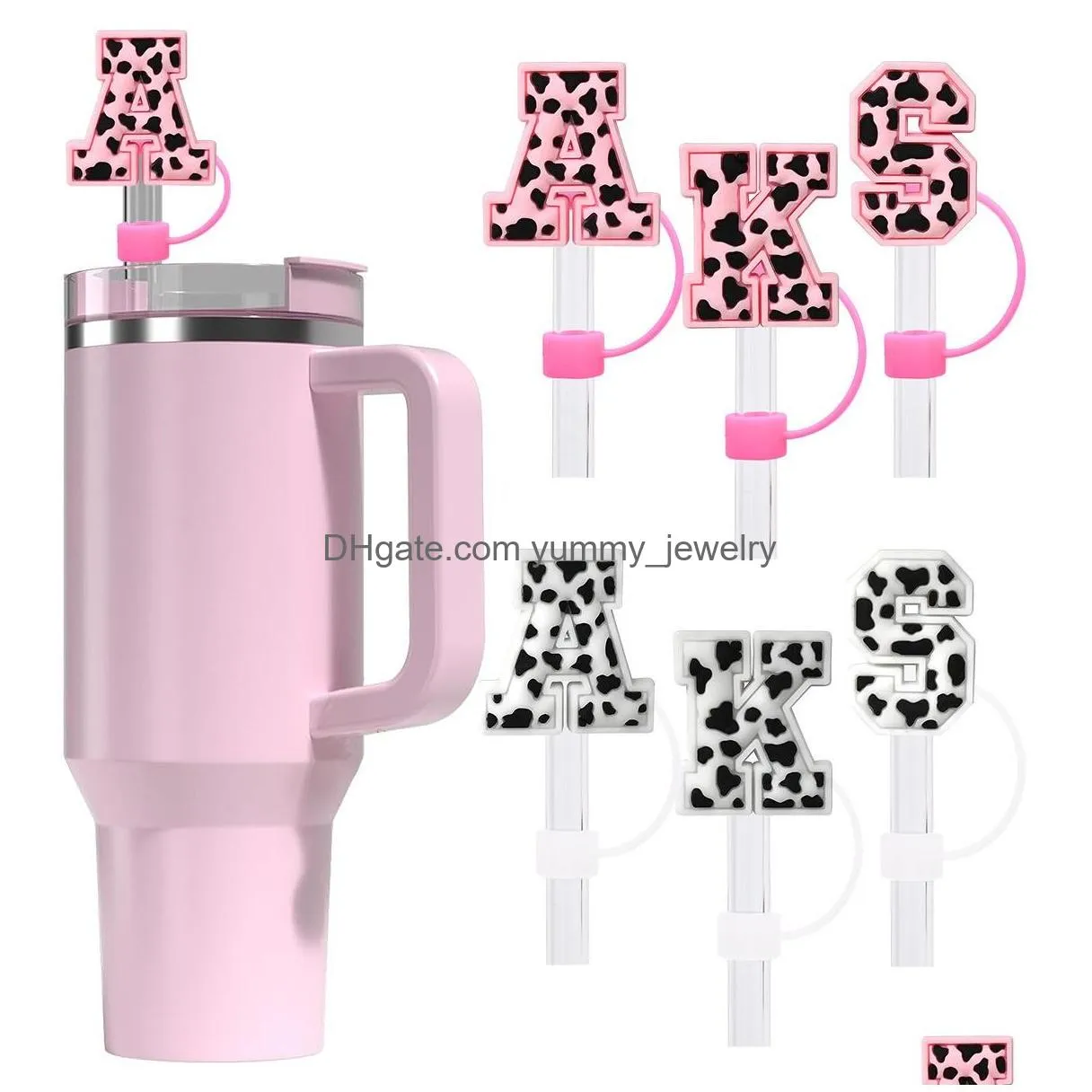 36colors baby girl leopard alphabets letters silicone straw toppers accessories cover charms reusable splash proof drinking dust plug decorative 8mm/10mm