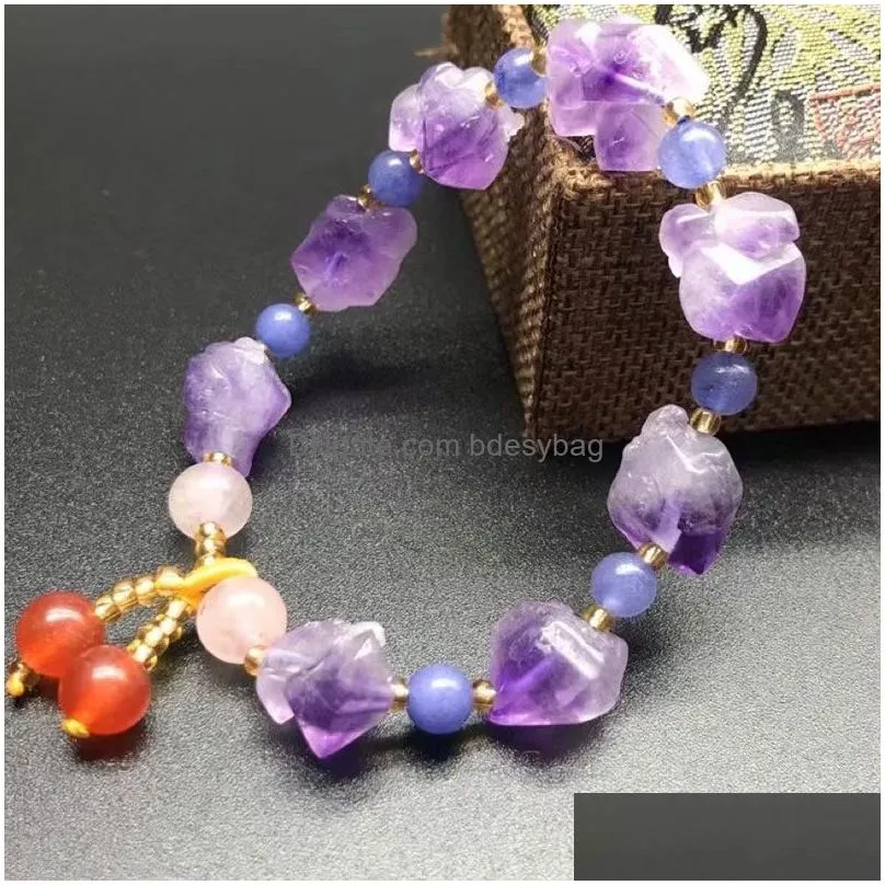 Irregular Natural Purple Crystal Stone Beaded Charm Bracelets Jewelry For Women Girl Wedding Birthday Party Club Accessories