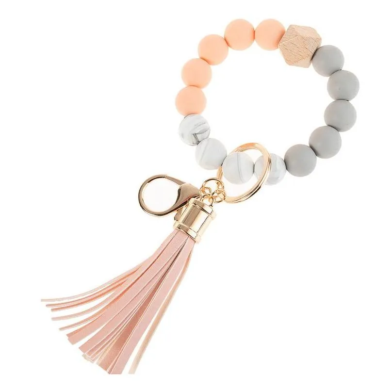14 colors wooden tassel bead string bracelet keychain food grade silicone beads bracelets women girl key ring wrist strap db961