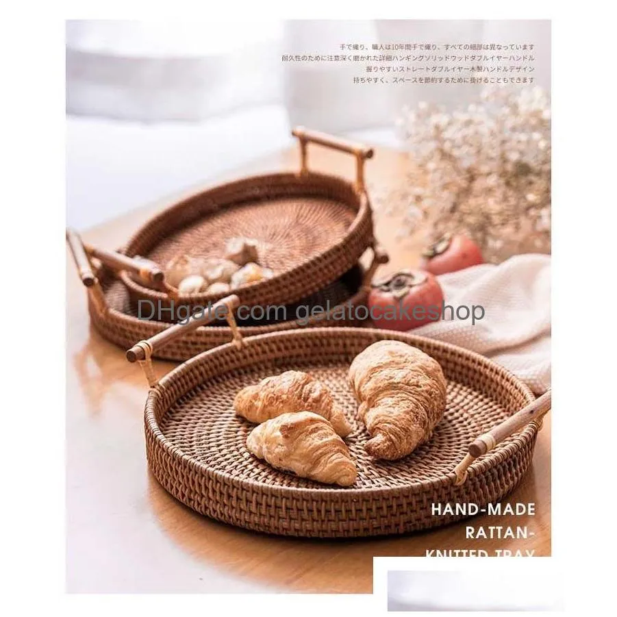 breakfast display storage wicker basket organizer rattan tray with handle round wicker food plate fruit basket