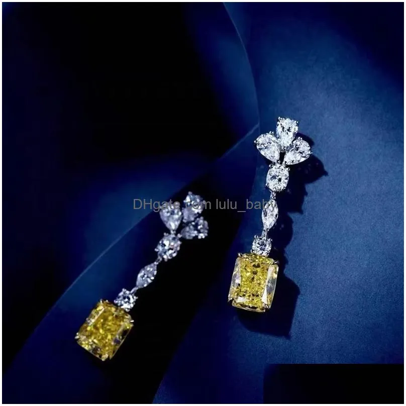 sweet cute dangle earring luxury jewelry 925 sterling silver radiant shape yellow topaz cz diamond gemstones ins top sell long chandelier women earrings