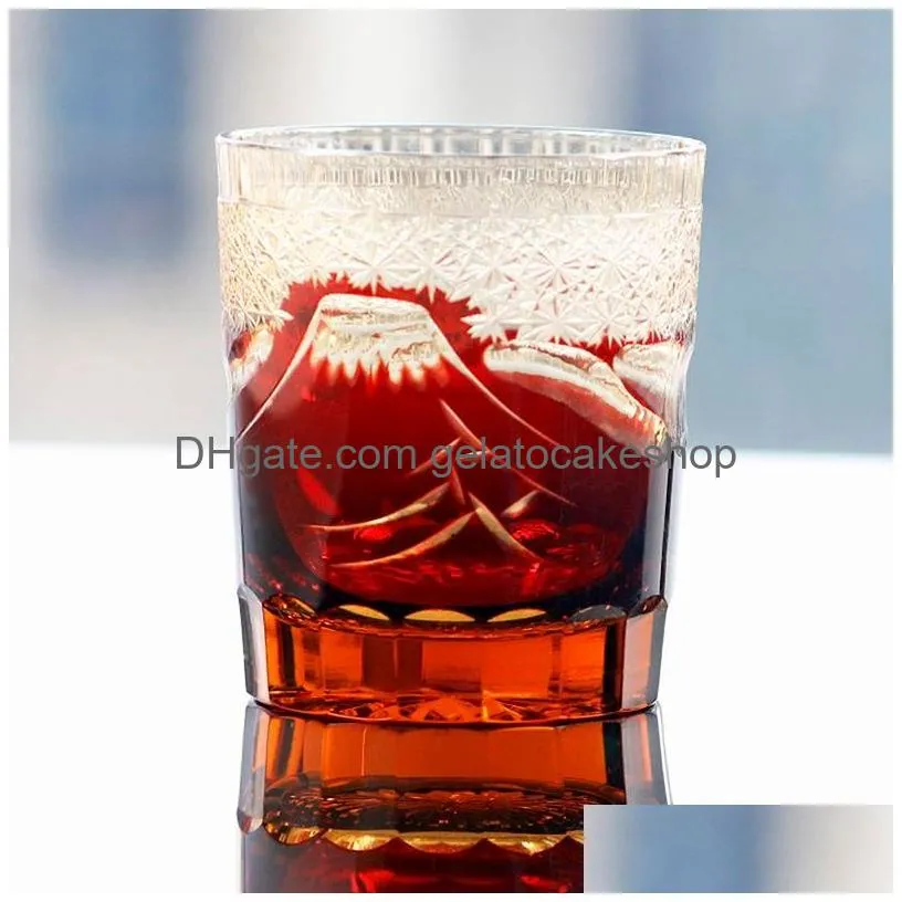 japanese edo kiriko fuji mountain hand cut to clear whiskey glass blue green black red 9oz with gift box 