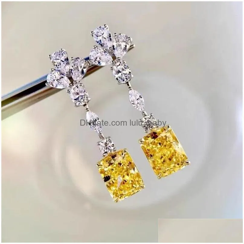 sweet cute dangle earring luxury jewelry 925 sterling silver radiant shape yellow topaz cz diamond gemstones ins top sell long chandelier women earrings