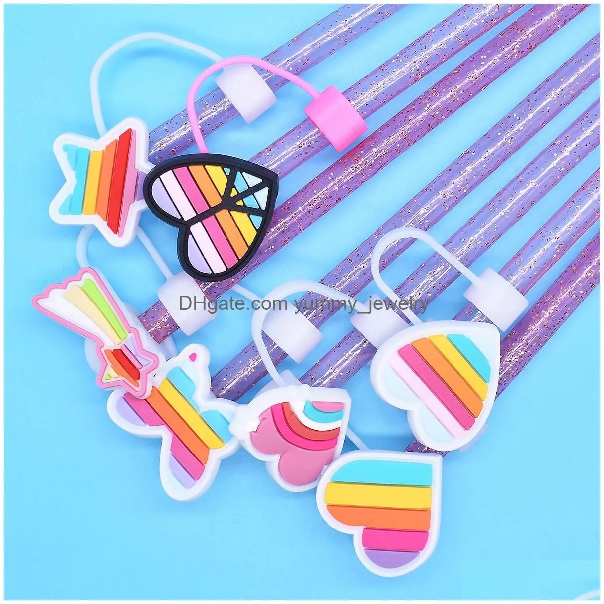 lgbt rainbow love silicone straw toppers accessories cover charms reusable splash proof drinking dust plug decorative 8mm/10mm straw