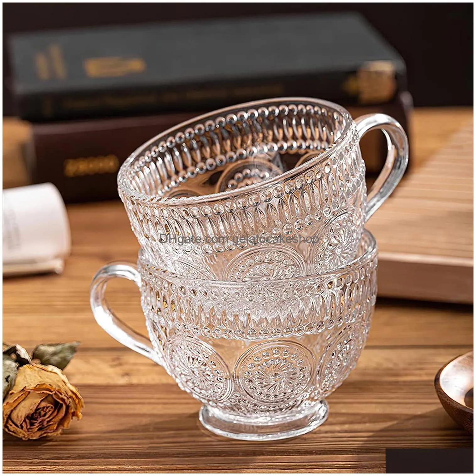 glass coffee mugs with handles embossed tea cups vintage drinking glasre for water milk latte cappuccino dessert beverage