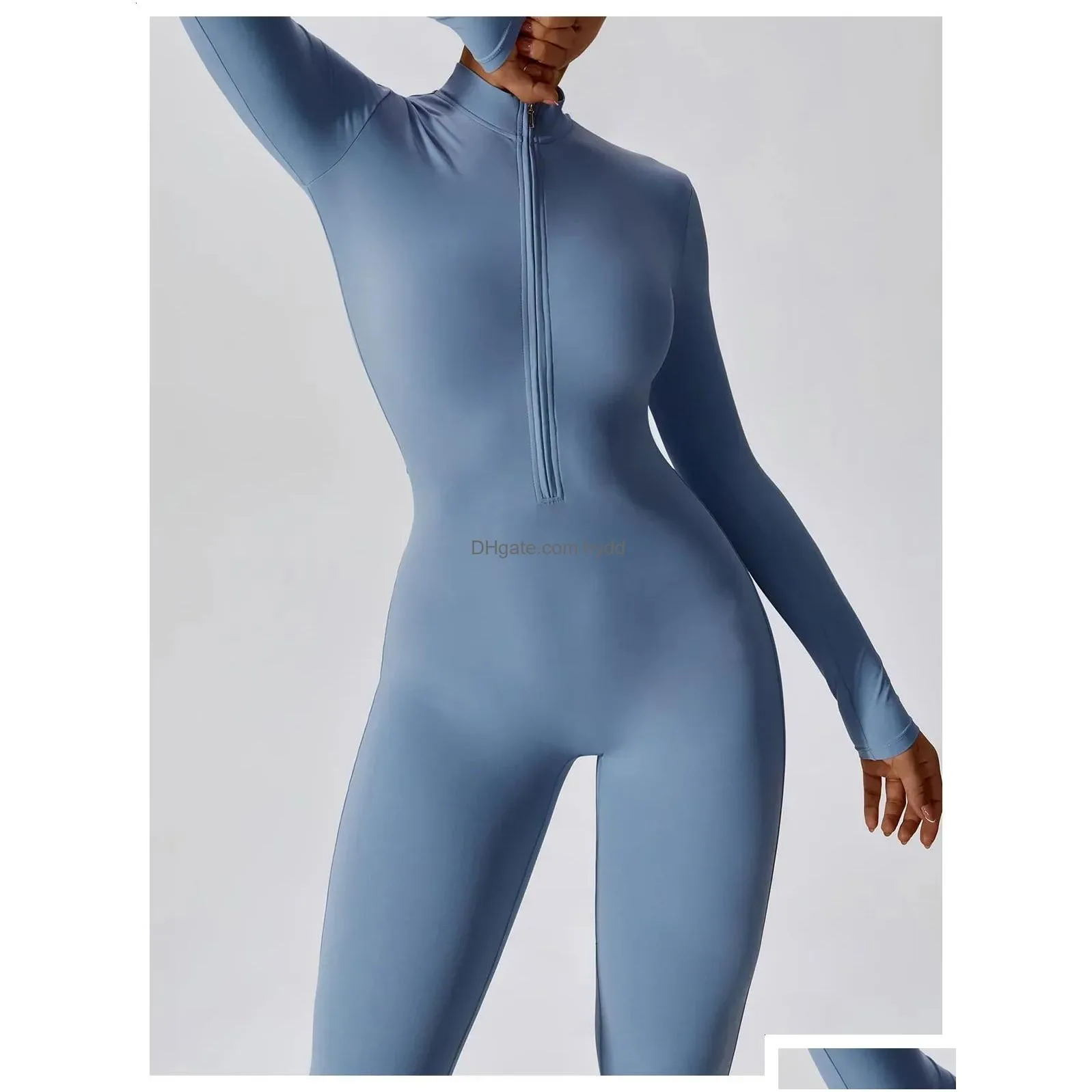 yoga jumpsuit women seamless sports zipper jumpsuit set gym long sleeve fitness suit elastic gym workout bodysuit athletic wear 240123