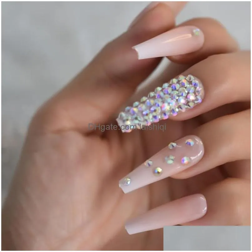 false nails nail art 3d rhinestones press on coffin pre design extra long tips display ombre fake nude pink artificial