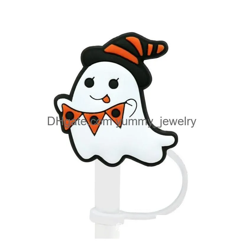 halloween spooky ghost silicone straw toppers accessories cover charms reusable splash proof drinking dust plug decorative 8mm straw party