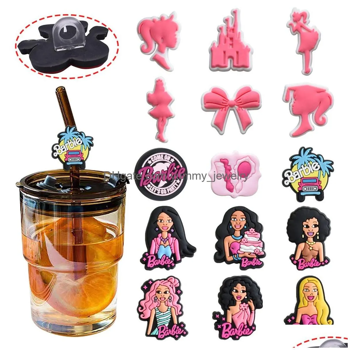 30colors girl princess silicone straw toppers accessories cover charms reusable splash proof drinking dust plug decorative 8mm straw party