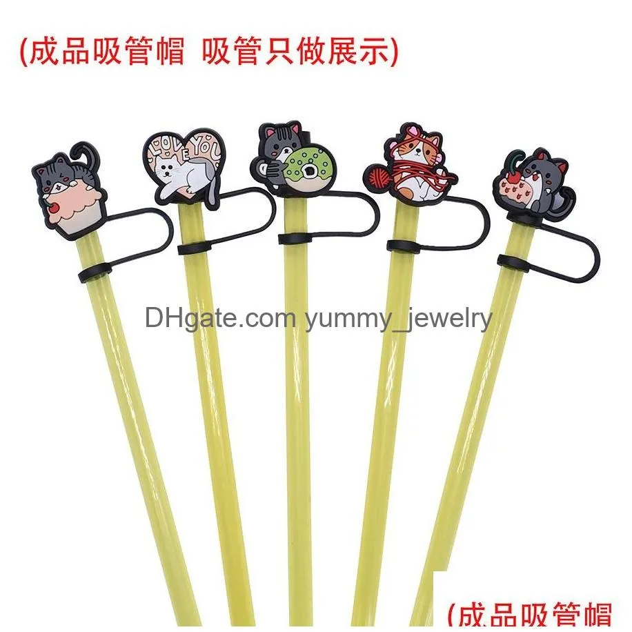 baby girl cat kitten silicone straw toppers accessories cover charms reusable splash proof drinking dust plug decorative 8mm/10mm straw party