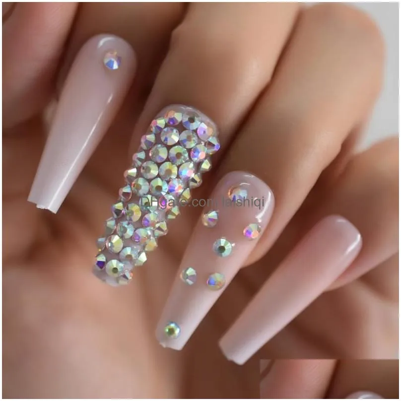 false nails nail art 3d rhinestones press on coffin pre design extra long tips display ombre fake nude pink artificial