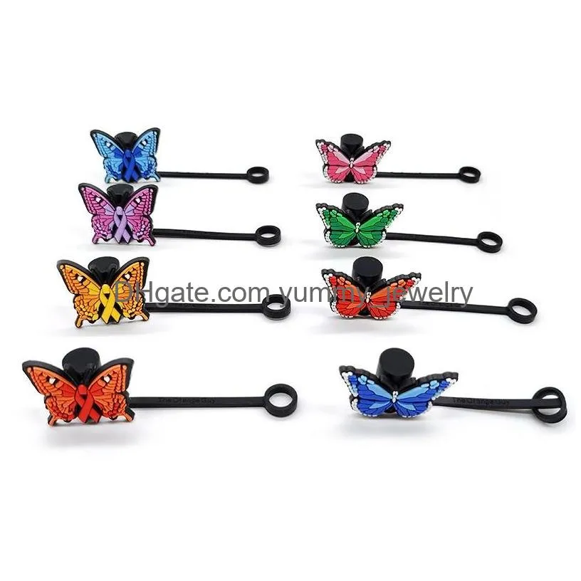 15colors butterfly silicone straw toppers accessories cover charms reusable splash proof drinking dust plug decorative 8mm straw party
