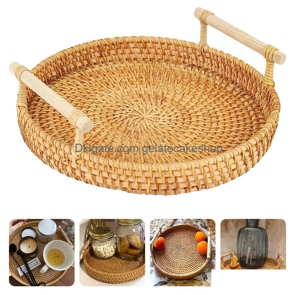 durable wicker serving tray round smooth edge multi-purpose enjoy refreshments wicker serving tray