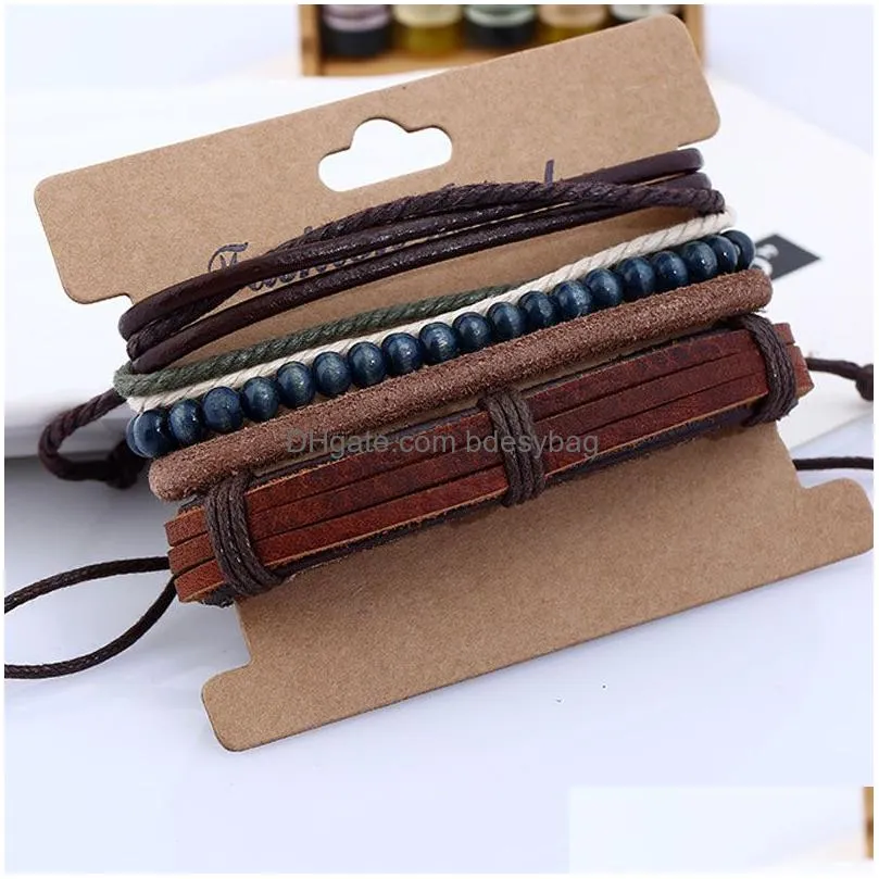Rope Leather Handmade Braided Multilayer Wooden Beads Charm Bracelets Retro Set For Men Punk Adjustable Bangle Party Jewelry