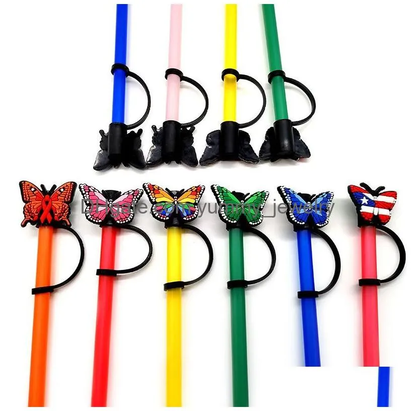 15colors butterfly silicone straw toppers accessories cover charms reusable splash proof drinking dust plug decorative 8mm straw party
