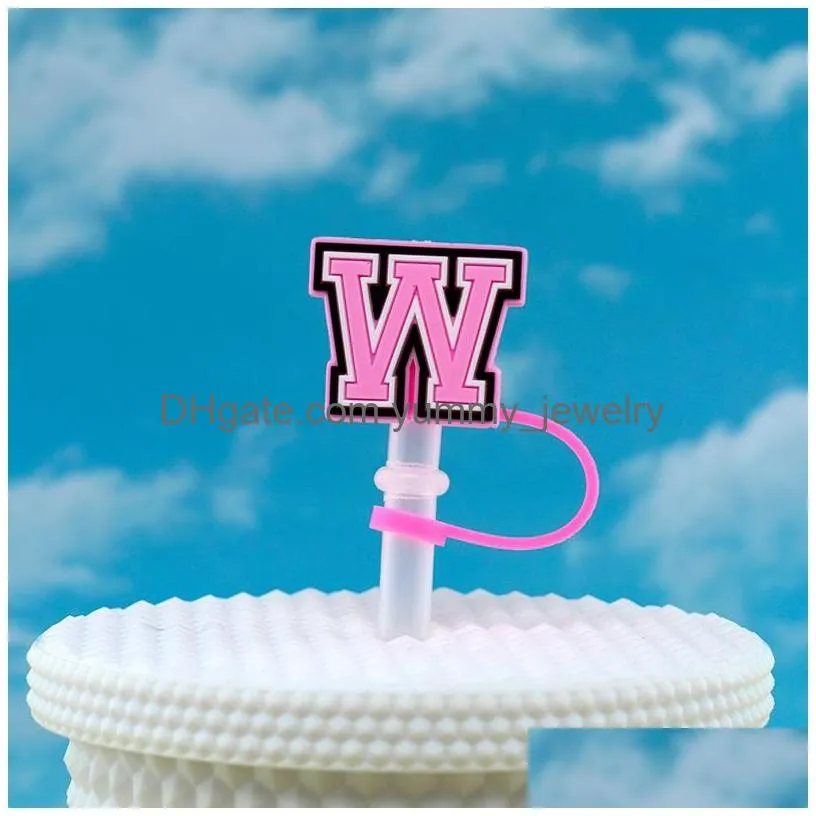 pink alphabets silicone straw toppers accessories cover charms reusable splash proof drinking dust plug decorative 8mm straw party