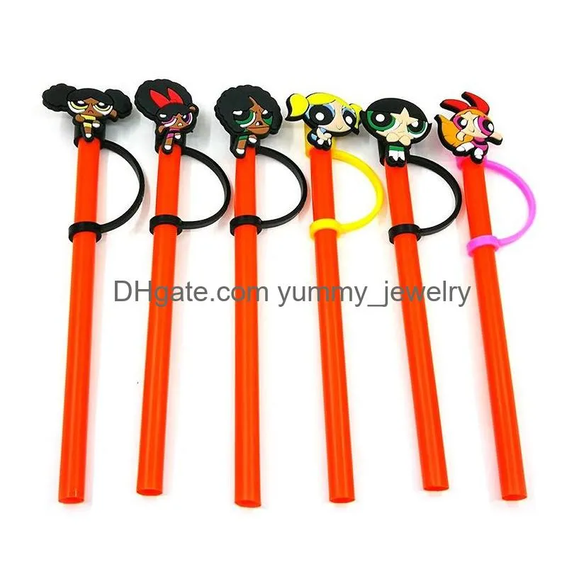 anime baby the powerpuff girls silicone straw toppers accessories cover charms reusable splash proof drinking dust plug decorative 8mm straw party