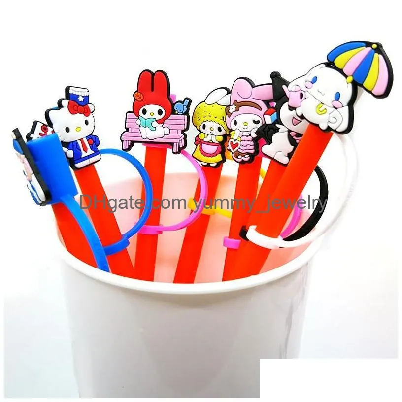 44 colors cats kuromi melody silicone straw toppers accessories cover charms reusable splash proof drinking dust plug decorative 8mm straw party