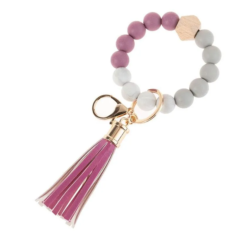 14 colors wooden tassel bead string bracelet keychain food grade silicone beads bracelets women girl key ring wrist strap db961
