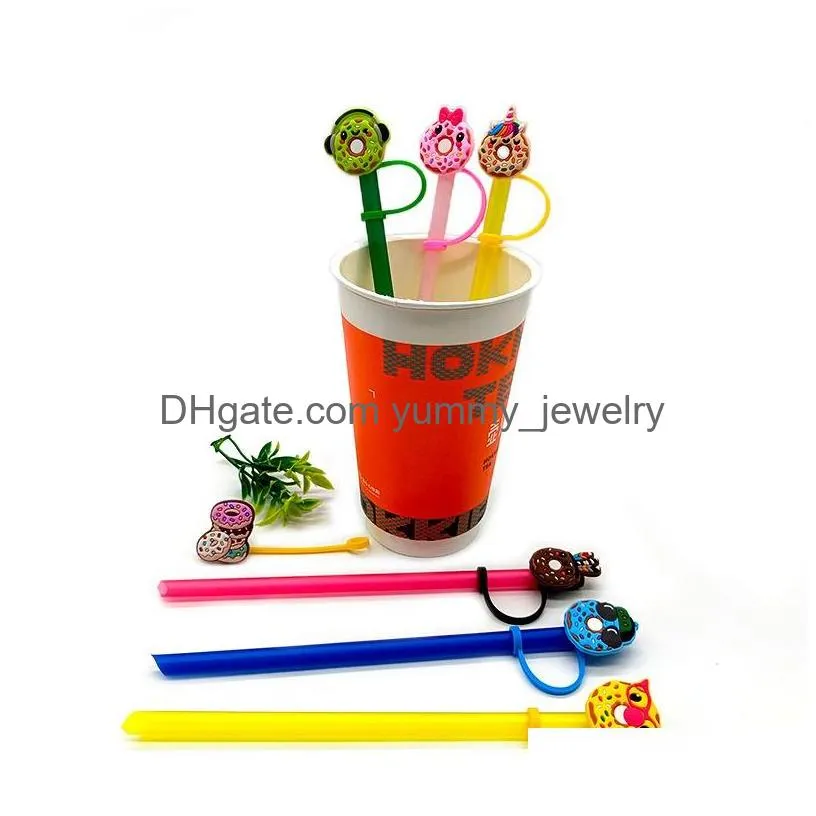 11colors animal donuts silicone straw toppers accessories cover charms reusable splash proof drinking dust plug decorative 8mm straw party