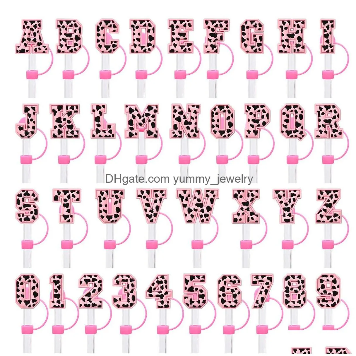 36colors baby girl leopard alphabets letters silicone straw toppers accessories cover charms reusable splash proof drinking dust plug decorative 8mm/10mm