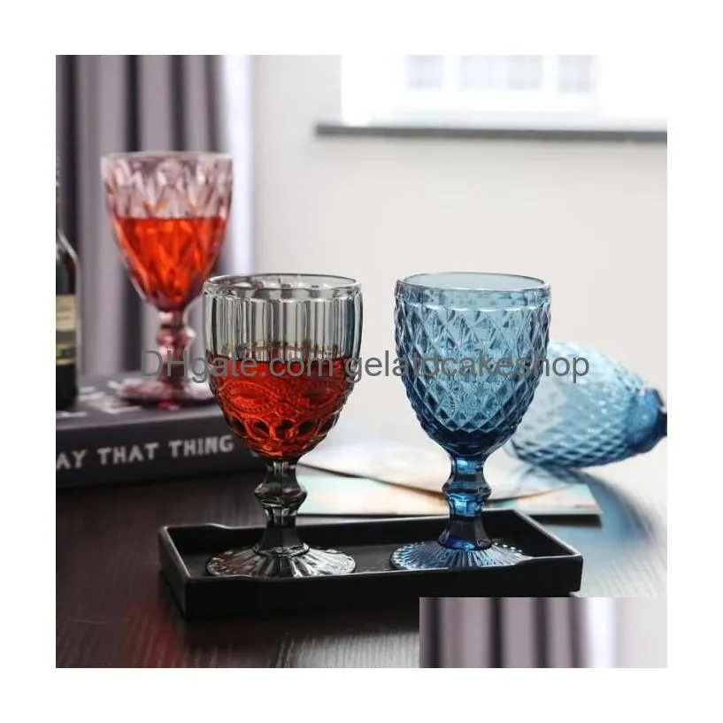 vintage glass goblets embossed stemmed glasses assorted colored drinking glasses for wine water juice beverage 064521