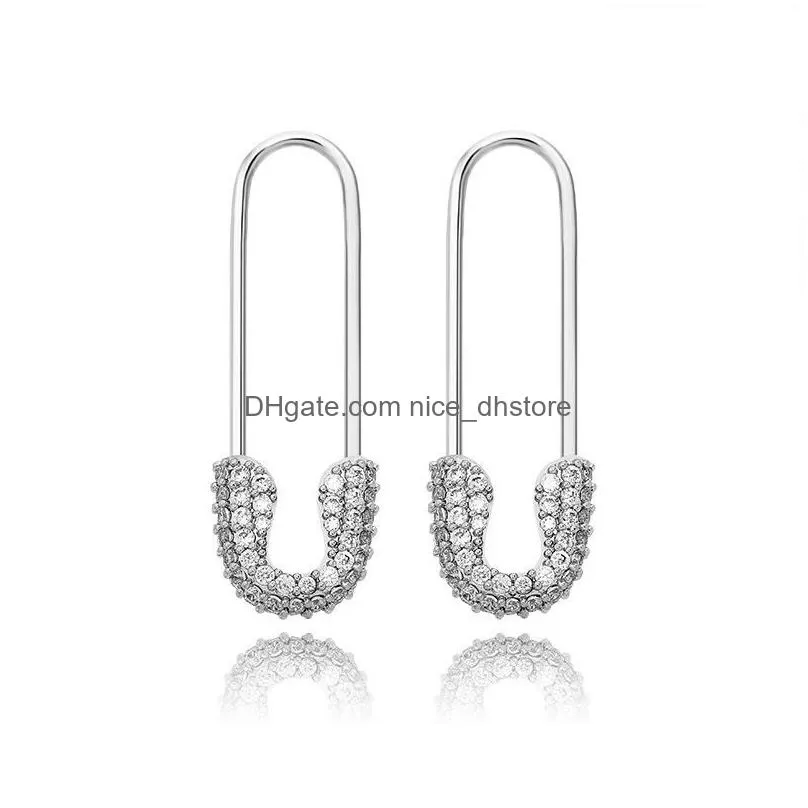 korean micro pave jewelry copper with diamond model safety pin earring gold plated women fashion earrings