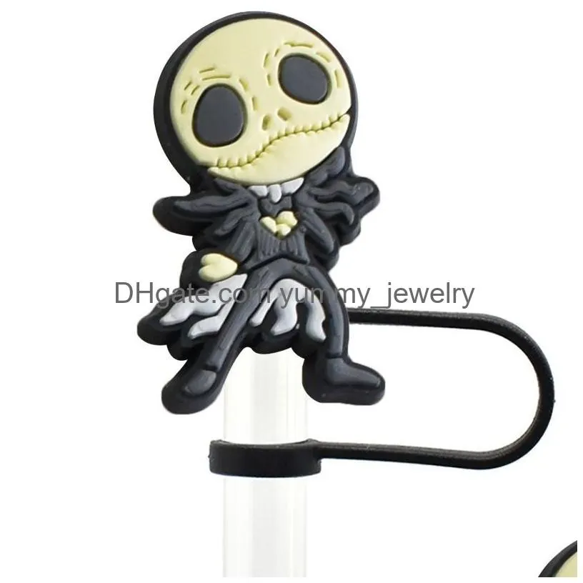halloween spooky skull cat ghost silicone straw toppers accessories cover charms reusable splash proof drinking dust plug decorative 8mm/10mm straw party