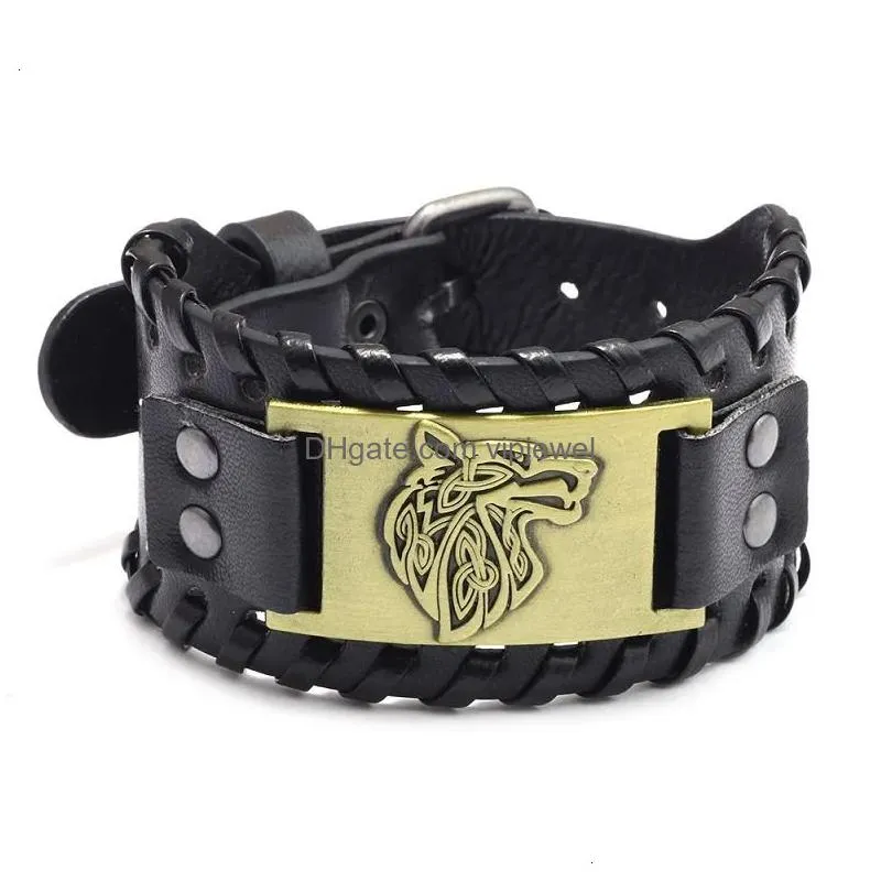 bangle vintage  leather braided bracelet for men celtic wolf head bracelets classic animal motifs jewelry on the hand accessories