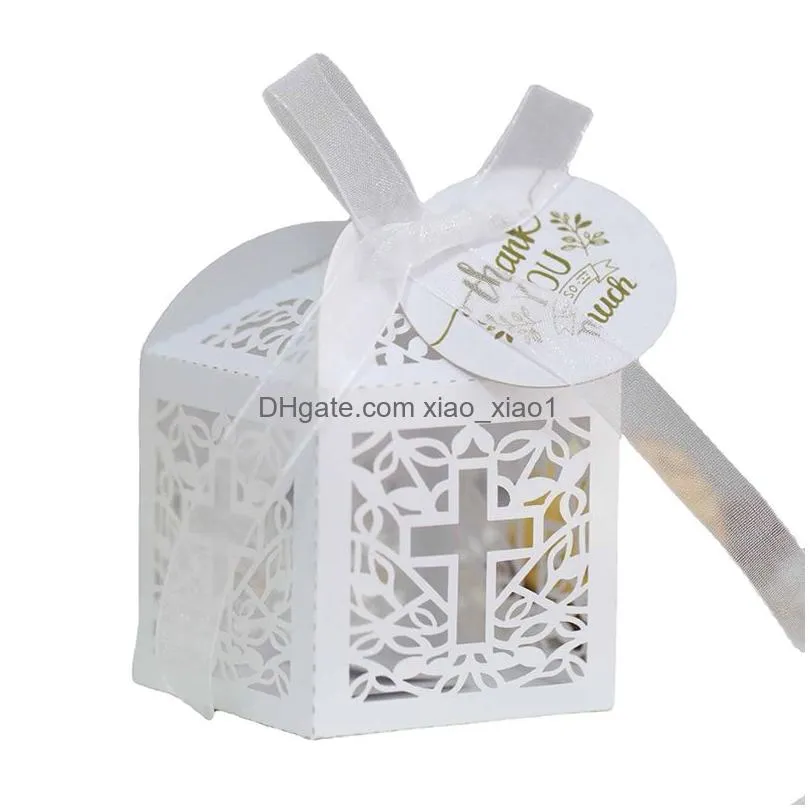 cross laser cut wedding favors gifts box hollow religious candy boxes with ribbon baptism baby shower wedding party decor