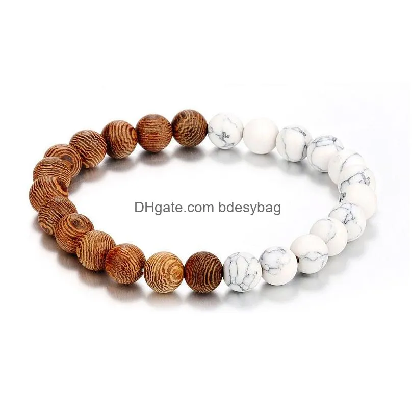 8mm Natural Stone Handmade Strands Wooden Beaded Charm Bracelets For Men Women Elastic Yoga Fashion Jewelry