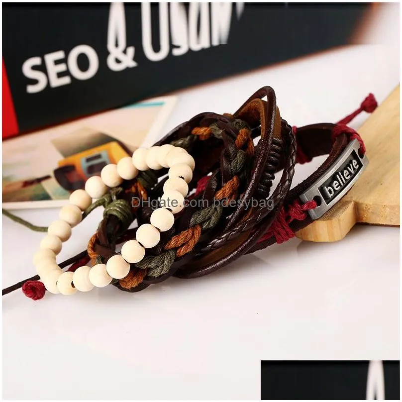 Punk Retro Leather Wooden Beaded Believe Charm Bracelets Set For Women Men Friends Couples Fashion jewelry