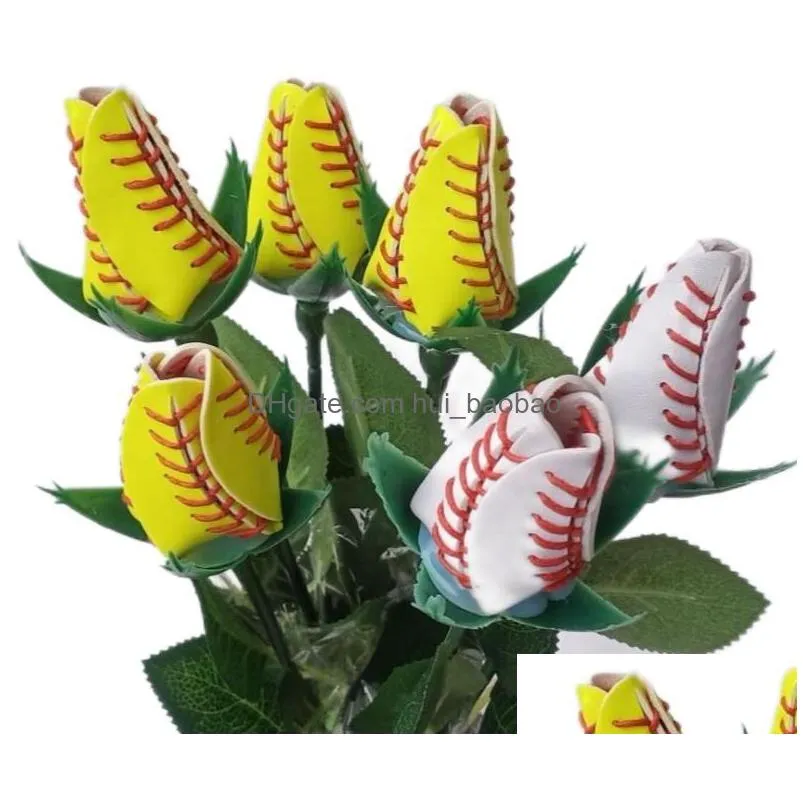 collectable baseball softball leather roses yellow red stitching seam softball graduation gift rose flower connectors