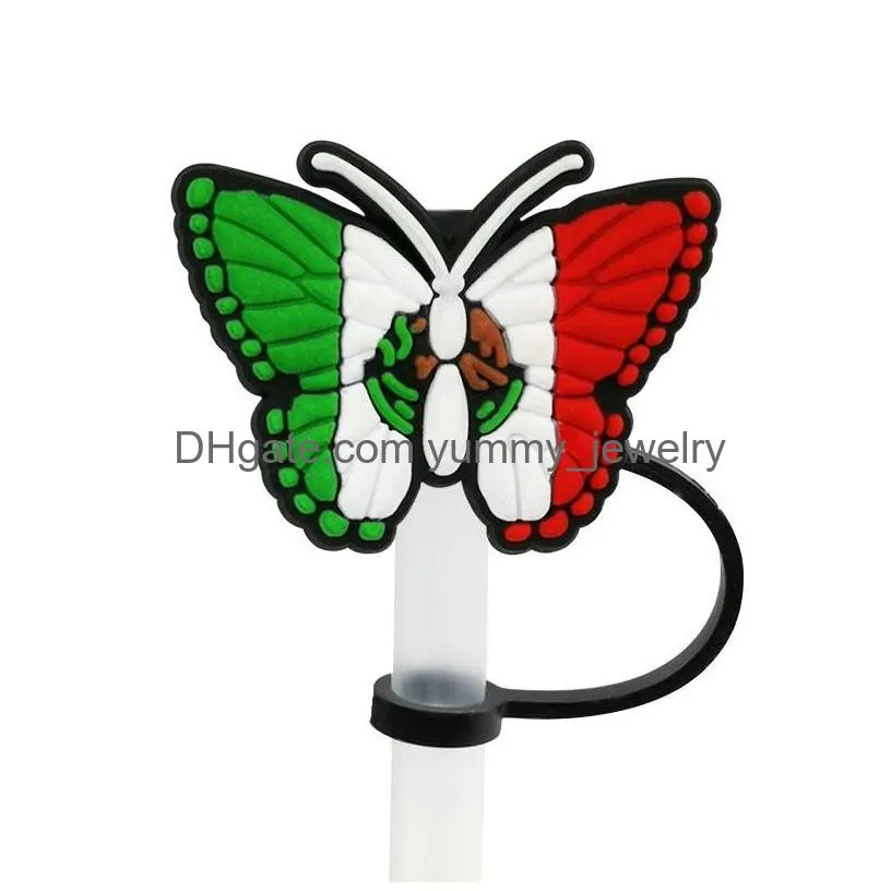 15colors butterfly silicone straw toppers accessories cover charms reusable splash proof drinking dust plug decorative 8mm straw party