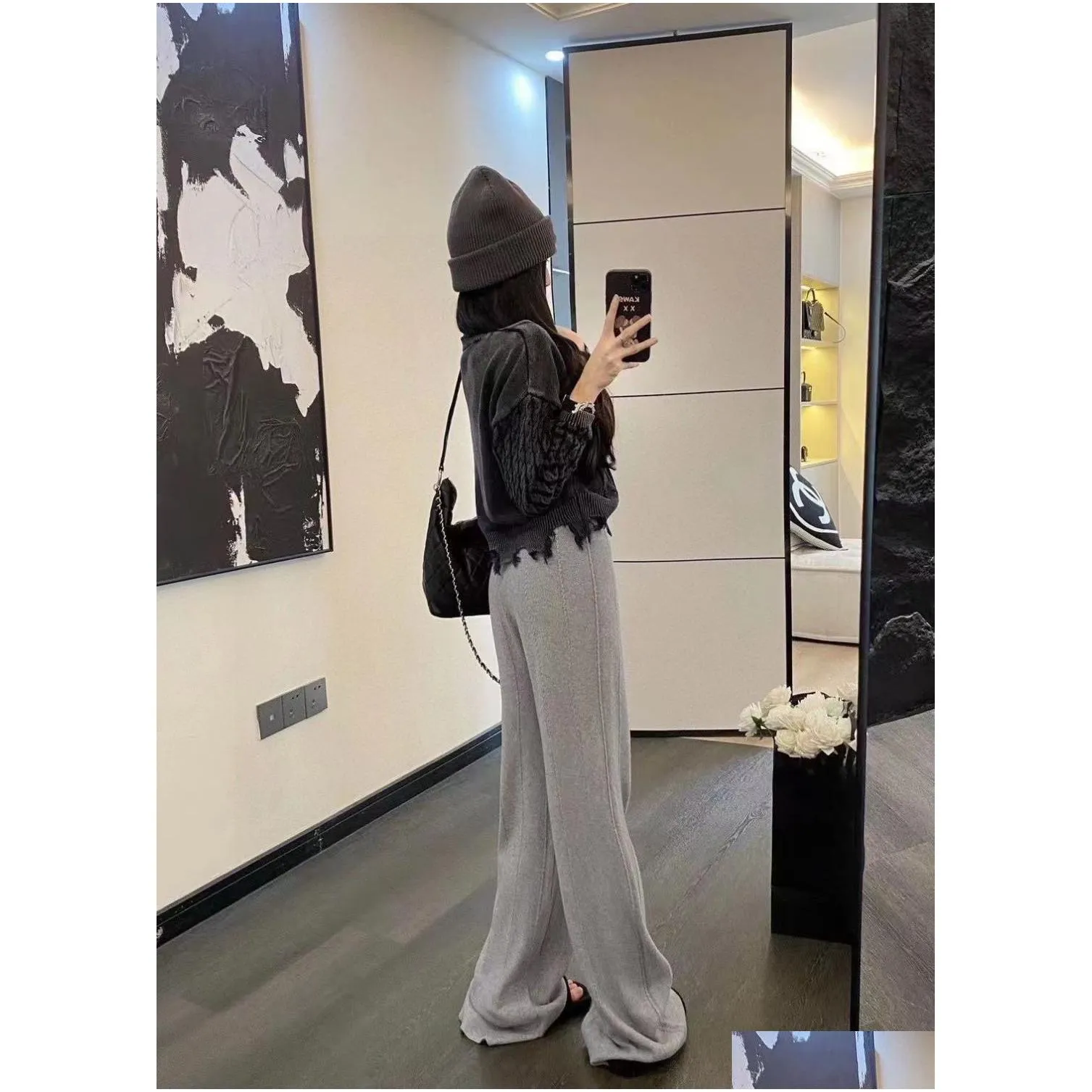 designer women`s pants, home drape wide leg cotton pants, medium ancient fragrant soft glutinous lazy knitted casual pants