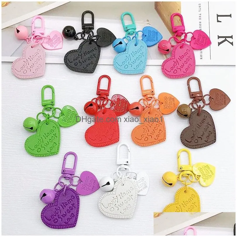 party favor engraved heart pendant keychain alloy bell key chain creative pu leather backpack pendants t9i002552