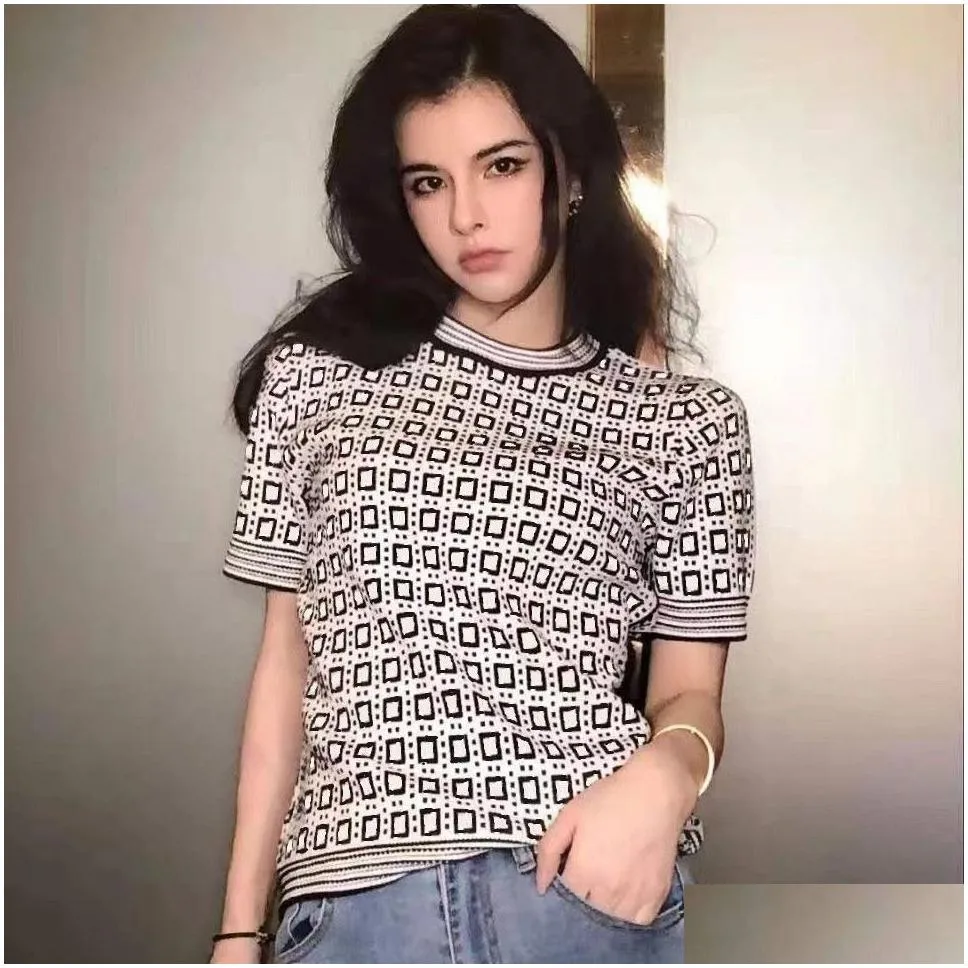 designer high quality women`s full f letter knits & tees fashion luxury knit crew neck short sleeve t-shirt top