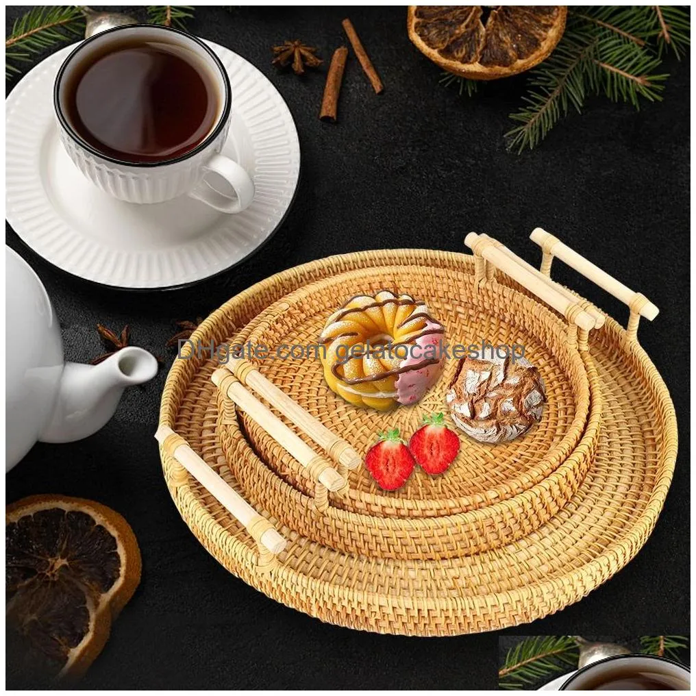 durable wicker serving tray round smooth edge multi-purpose enjoy refreshments wicker serving tray