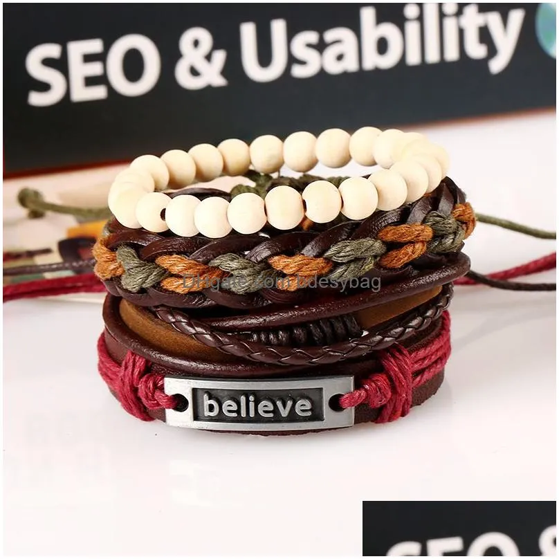 Punk Retro Leather Wooden Beaded Believe Charm Bracelets Set For Women Men Friends Couples Fashion jewelry