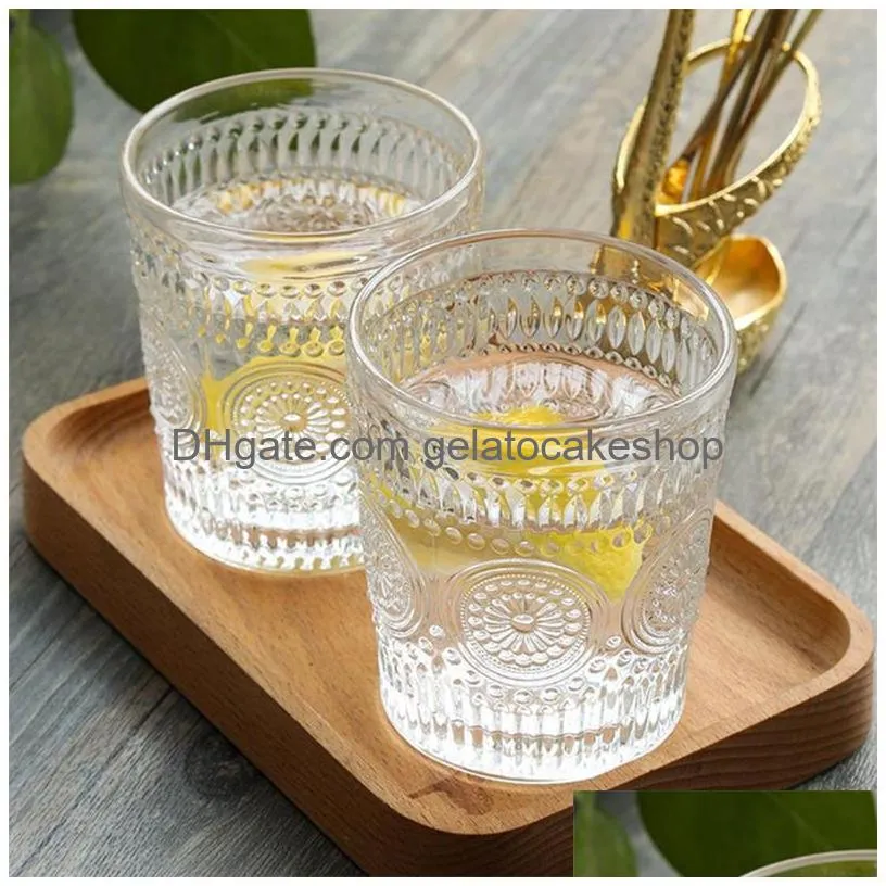 nordic vintage glass cup sun flower embossed wine glasses milk coffee cup cold drink glass transparent water cups