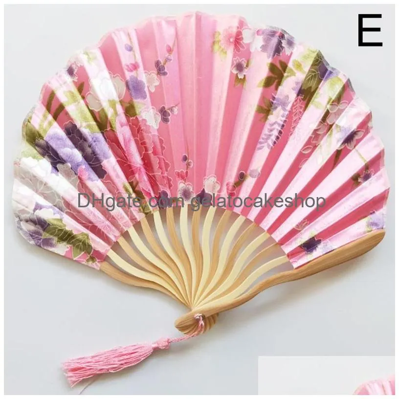 hand fold fan vintage style bamboo wood silk flower japanese chinese artificial pink wedding girl man dance decorate home