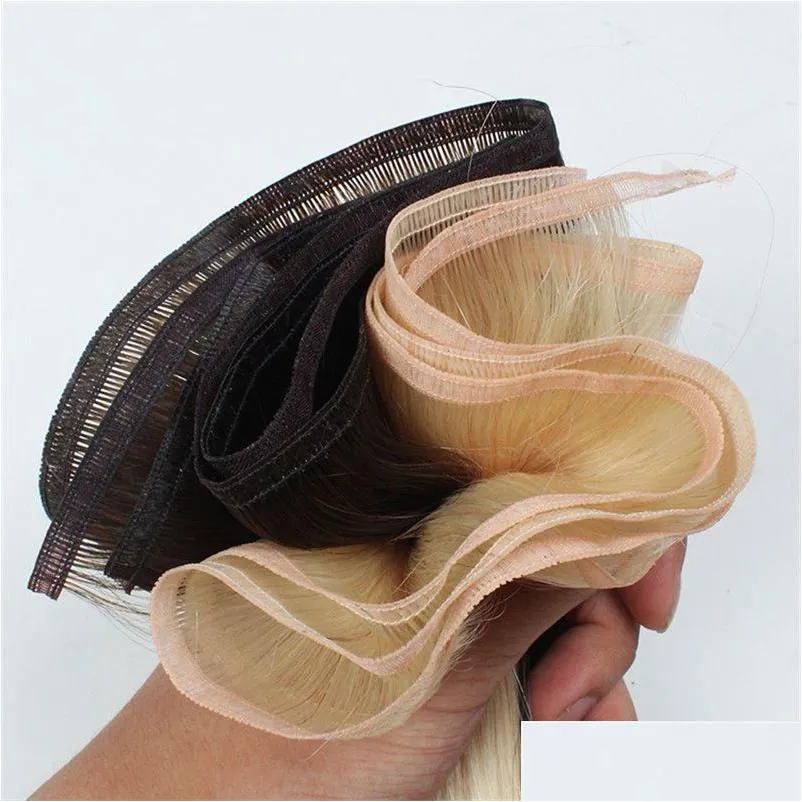 Human Hair Weaves Hair Extensions Remy Human Weaves Flat Weft Silk Ribbon Bundles Tra Thin Black Brown Blonde 99J Wine Red Drop Delive Dhbso