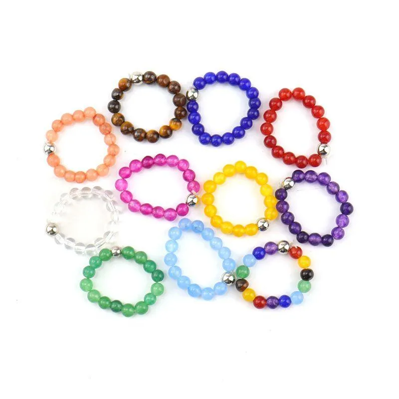 Band Rings 4Mm Natural Stone Sier Plated Handmade Elastic Beaded Band Rings For Women Girl Party Club Decor Jewelry Drop Delivery Jew Dhptd