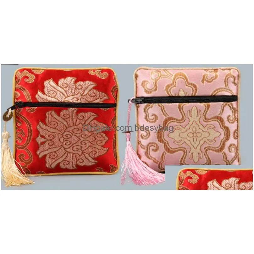 Jewelry Pouches, Bags Square Chinese Style Embroidery Jewelry Display Packaging Pouches Zipper Wedding Party Favor Gift Lucky Silk Bag Dhiae