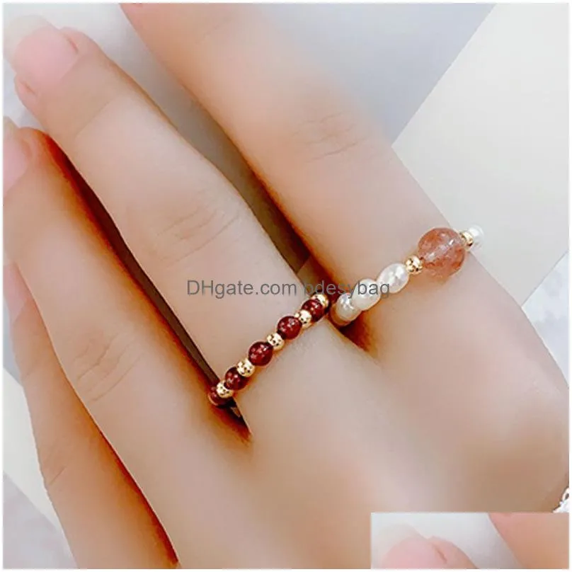 Band Rings Natural Energy Stone Pearl Bead Gold Plated Handmade Elastic Band Rings For Women Girl Party Club Decor Jewelry Drop Deliv Dhchl