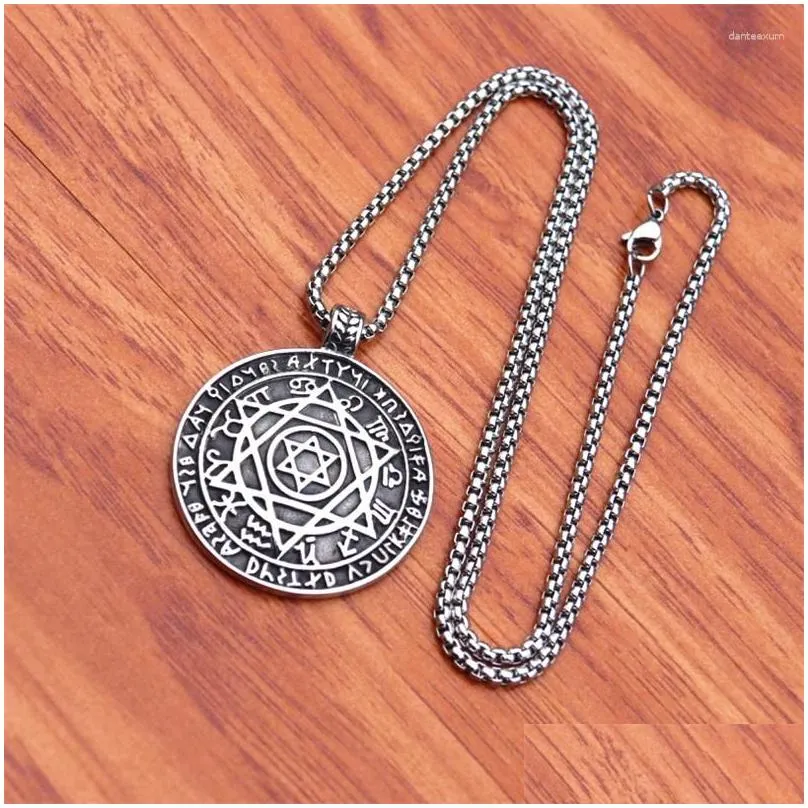Pendant Necklaces Vintage Astrology Disk Jewelry Men David Star Engraved Disc Necklace Stainless Steel Square Chain Kpop Drop Deliver Dhpyf