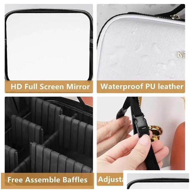 Cosmetic Organizer Storage Bags 2022 New Smart Led Makeup Bag With Mirror Large Capacity Professional Waterproof Pu Leather Travel Ca Dhmlk