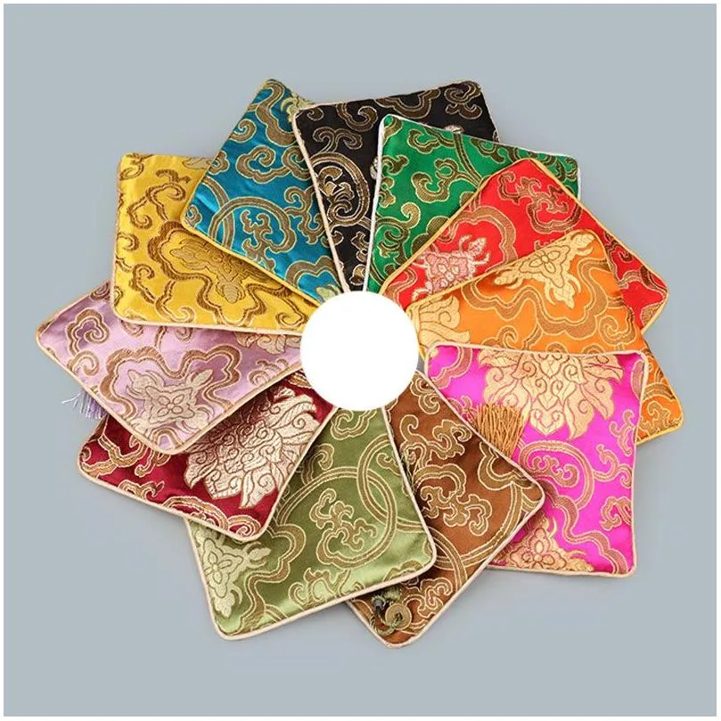 Jewelry Pouches, Bags Square Chinese Style Embroidery Jewelry Display Packaging Pouches Zipper Wedding Party Favor Gift Lucky Silk Bag Dhiae